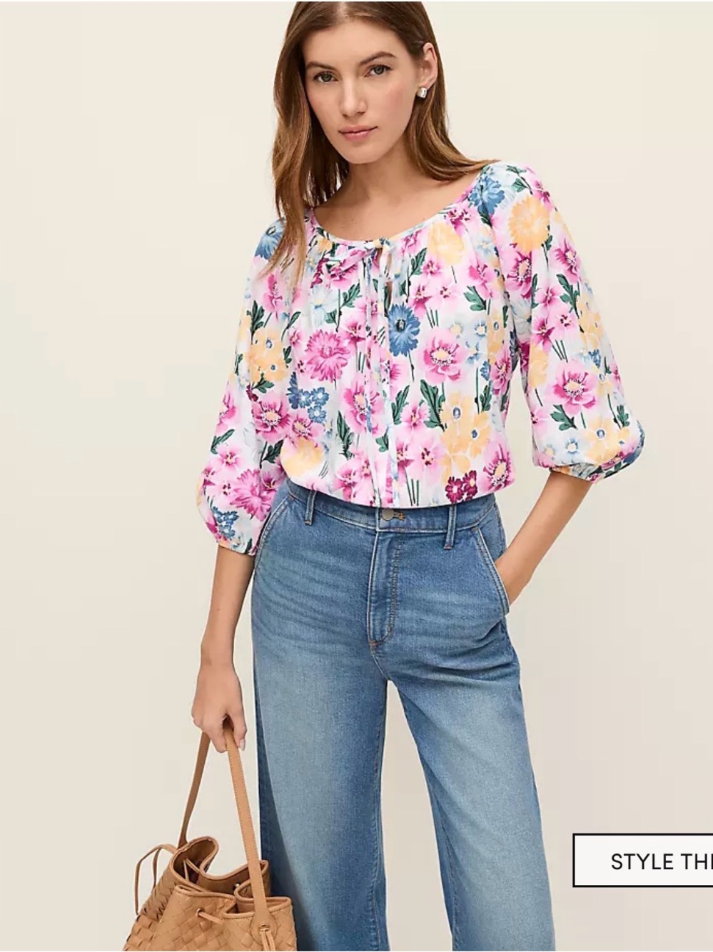 Ann Taylor Floral Tie-Neck Blouse - Pink, Yellow, Blue